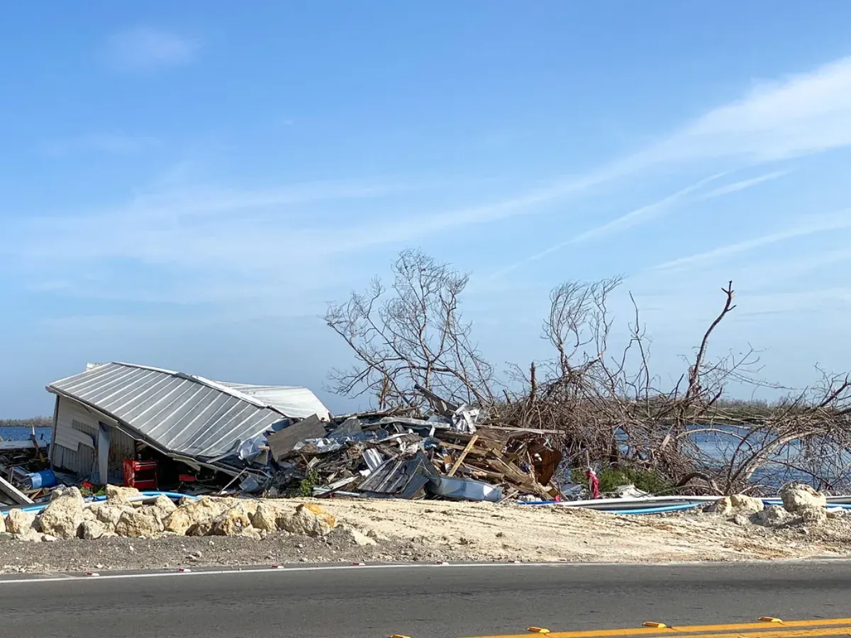 Collapsed metal-roofed structure and broken trees piled along a waterfront road after Hurricane Ian