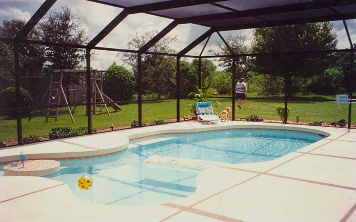 View from inside a dark-framed pool cage over a kidney-shaped pool