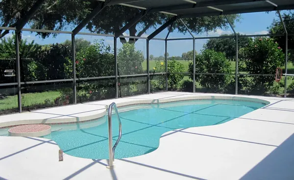 Freeform pool with a handrail inside a dark-framed screen cage