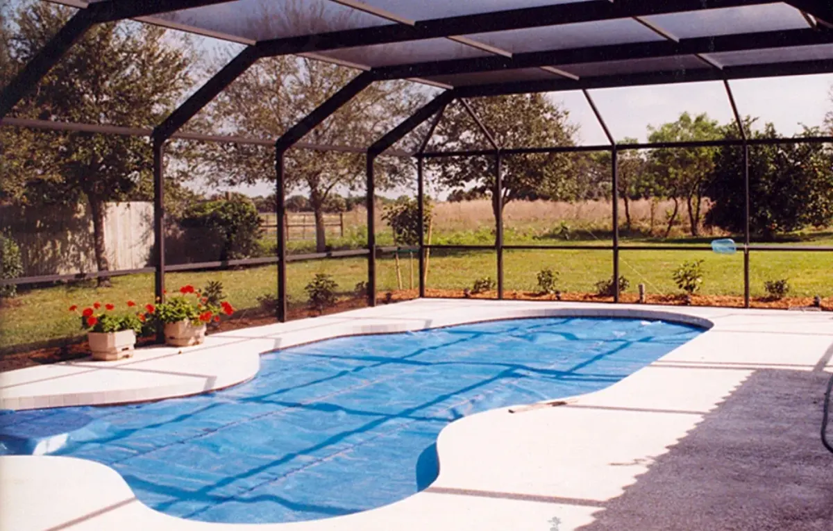 Pool under a blue solar cover inside a dark screen cage with potted geraniums