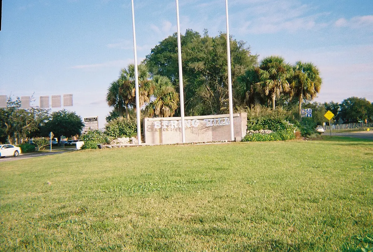 Spring Hill, FL gateway sign on US 19 with flagpoles, palms and a wide lawn