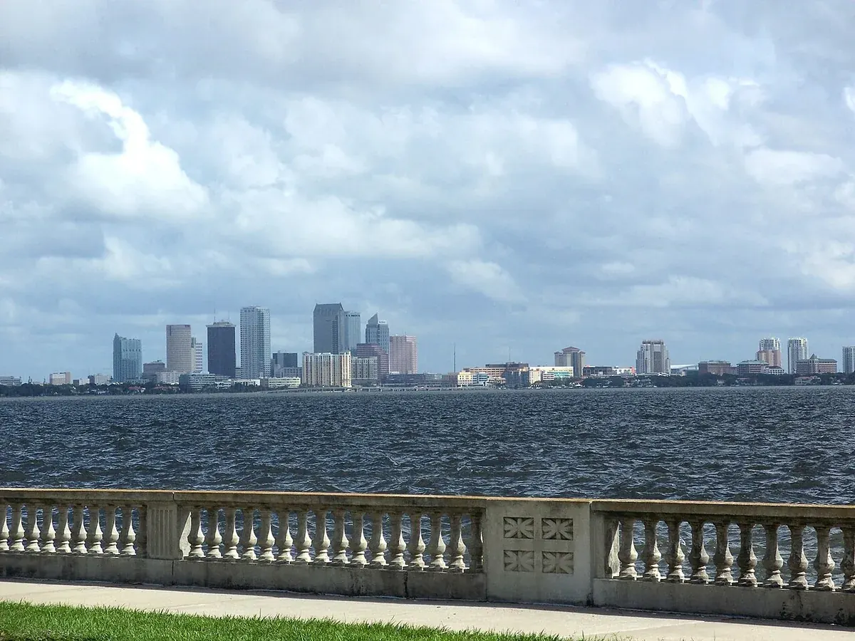 Tampa skyline across Hillsborough Bay from the Bayshore Boulevard balustrade, Tampa, FL